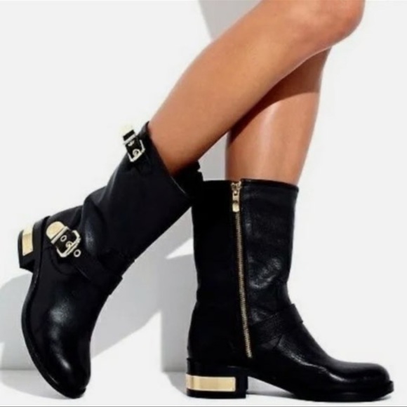 Women’s Black Mid-Calf Leather Biker Boots - Picture 3 of 12